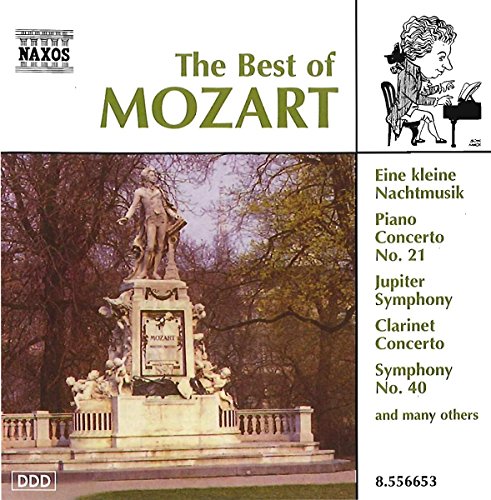 CD cover featuring a Mozart statue, a cartoon illustration, and a track list.