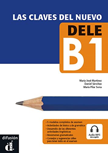 DELE B1 exam preparation book cover with pencil and headphones icon.