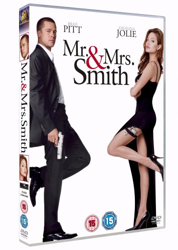 Brad Pitt and Angelina Jolie holding guns on the Mr. & Mrs. Smith DVD cover.