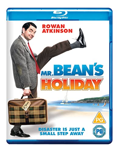 Mr. Bean holding a plaid suitcase with one leg kicked up on a beach background.