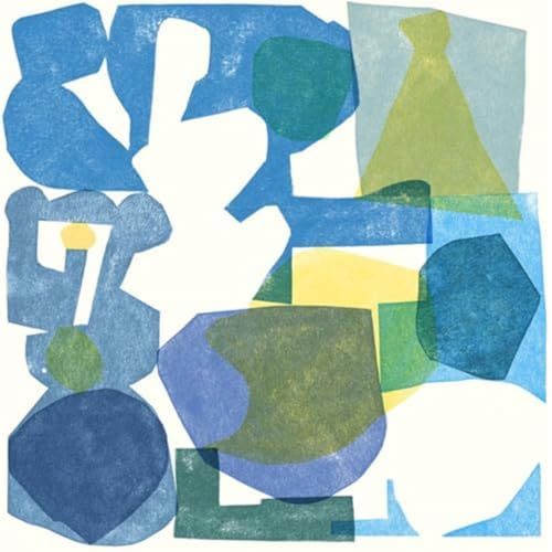 Abstract geometric shapes in blue, green, yellow, and white.
