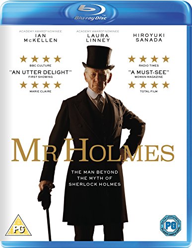 "Blu-ray case for 'Mr Holmes' featuring a man in a top hat and coat."