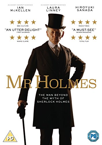 DVD cover for “Mr. Holmes” featuring Ian McKellen as Sherlock Holmes.