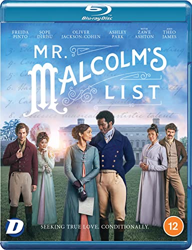 Blu-ray cover for Mr. Malcolm's List featuring five cast members standing before a manor.