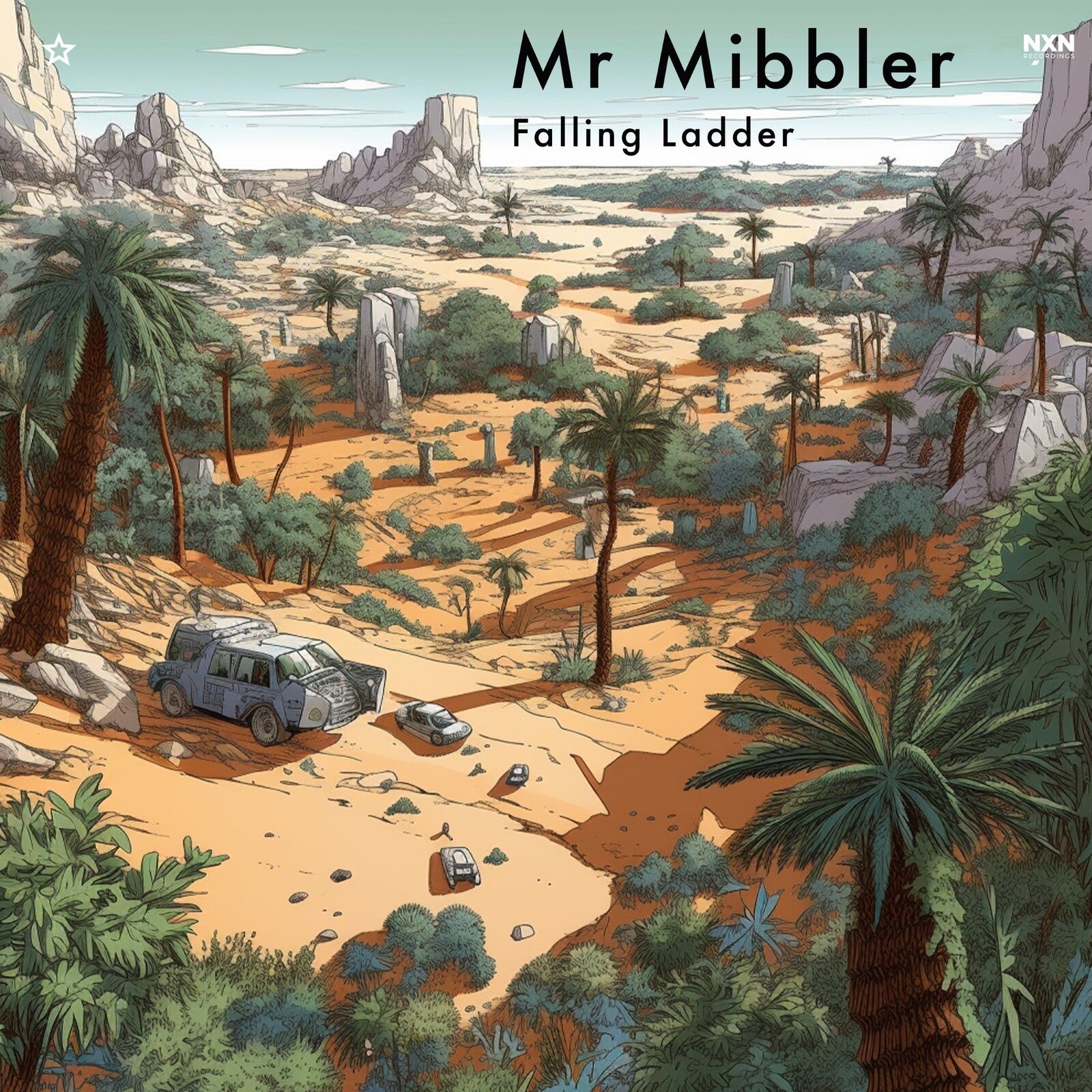 Hand-drawn album cover depicting a desert landscape with vehicles.