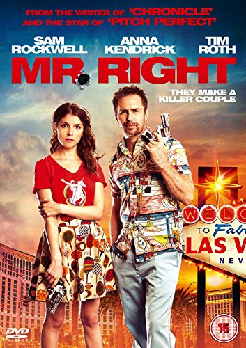 DVD cover for "Mr Right" featuring a man and woman holding guns, cityscape background.