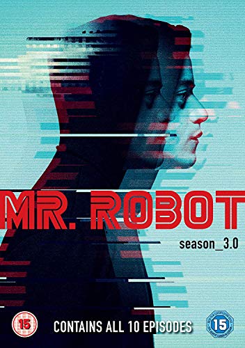 Mr. Robot season 3 DVD cover featuring a glitch-effect profile of a hooded man.