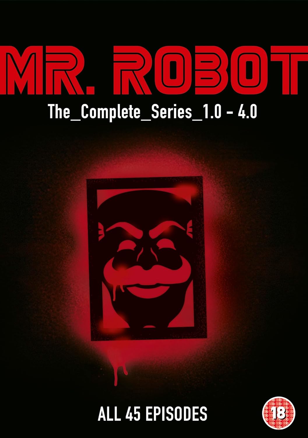 Mr. Robot complete series DVD cover featuring a red mask icon on black background.