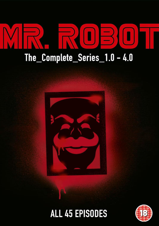 Mr. Robot complete series DVD cover featuring a red mask icon on black background.