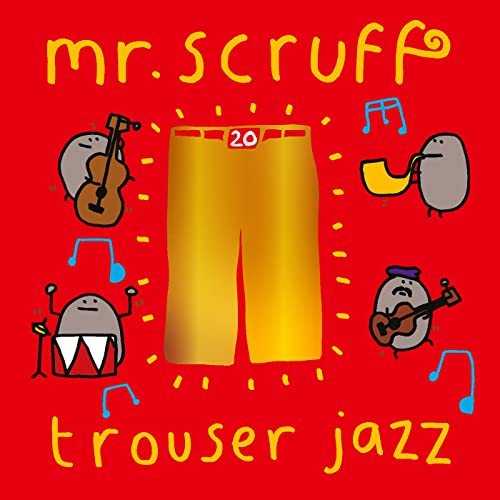 Cartoon characters play instruments around a pair of yellow trousers on a red background.