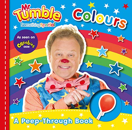 Mr Tumble on a rainbow background with stars and a red balloon cutout.