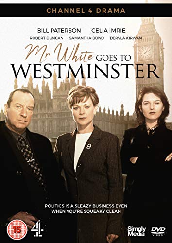 Three people in formal wear with a faded UK parliament building in the background.