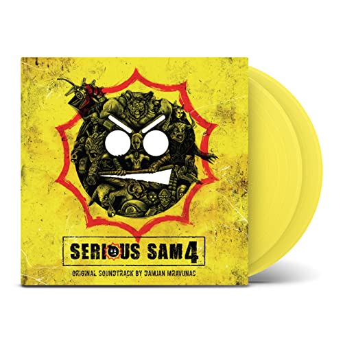 Yellow vinyl record of “Serious Sam 4” soundtrack with illustrated cover art.