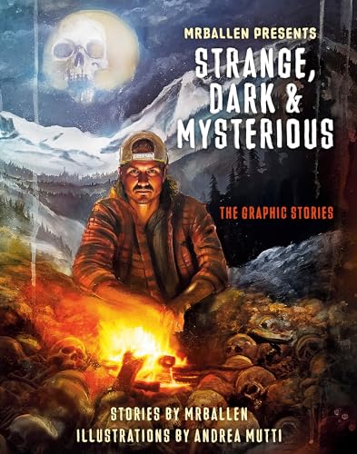 A man in a flannel shirt sits by a campfire surrounded by human skulls.