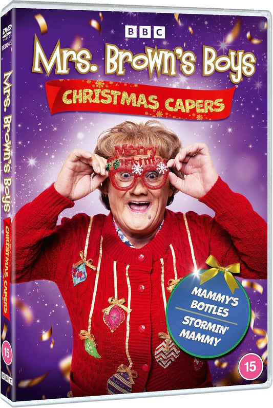 Mrs. Brown's Boys Christmas Capers DVD cover featuring Brendan O'Carroll in festive attire.