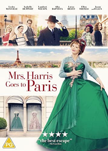 DVD cover for "Mrs. Harris Goes to Paris" featuring actors and the Eiffel Tower.