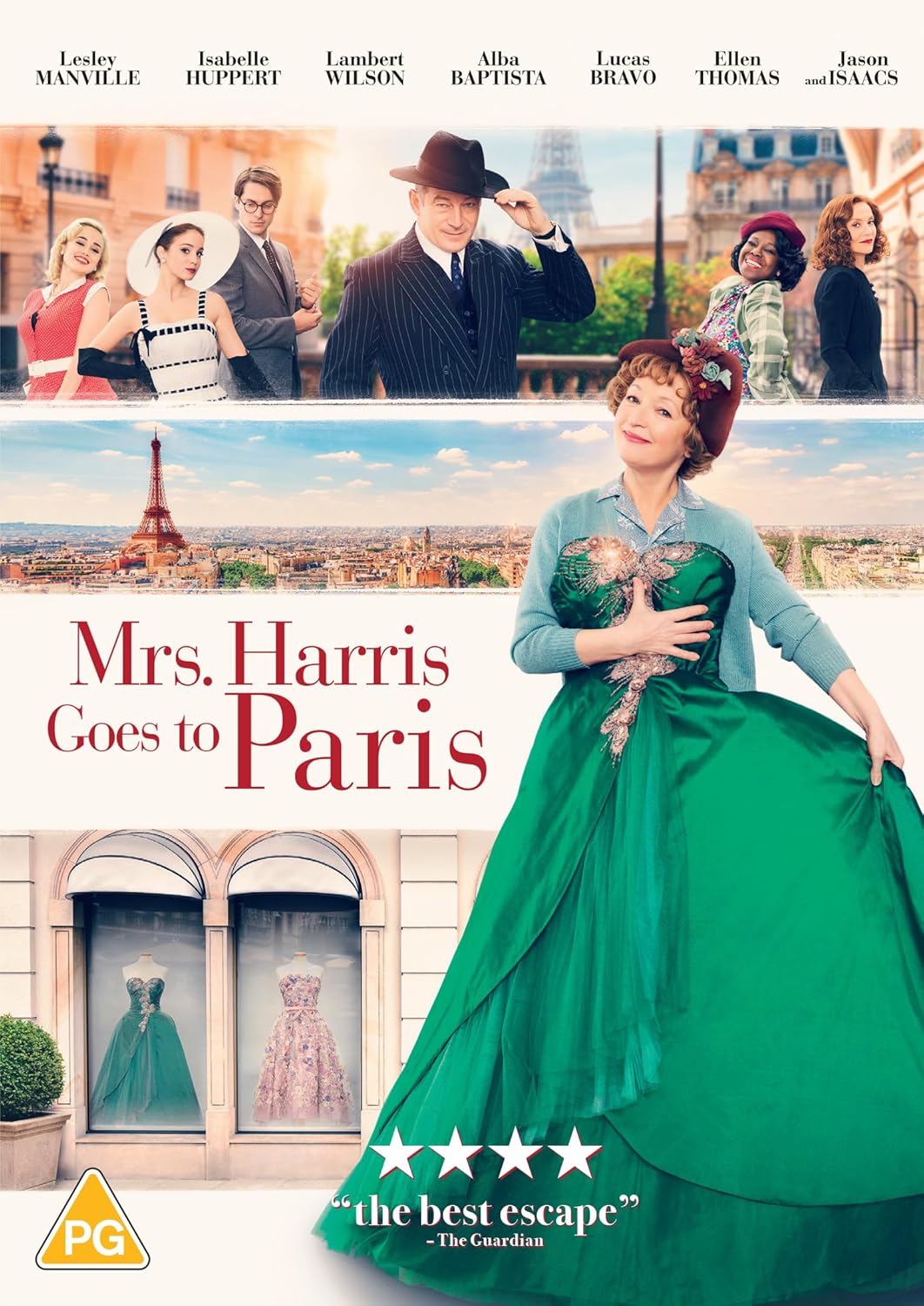 Movie poster for Mrs. Harris Goes to Paris featuring aSBC a woman in green.