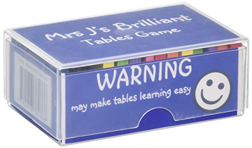 A blue plastic box containing Mrs J's Brilliant Tables Game with a smiley face icon.