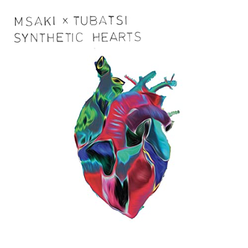 Album cover for “Synthetic Hearts” by Msaki x Tubatsi, featuring a colorful heart.