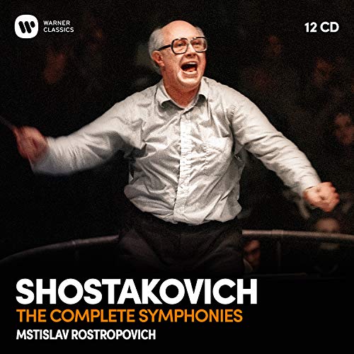 Conductor Mstislav Rostropovich in white shirt, arms outstretched, on CD cover with text.