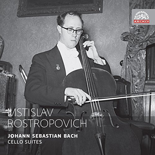Black and white portrait of Mstislav Rostropovich playing the cello.