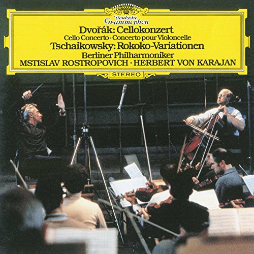 CD cover: Rostropovich playing cello with Karajan conducting orchestra.