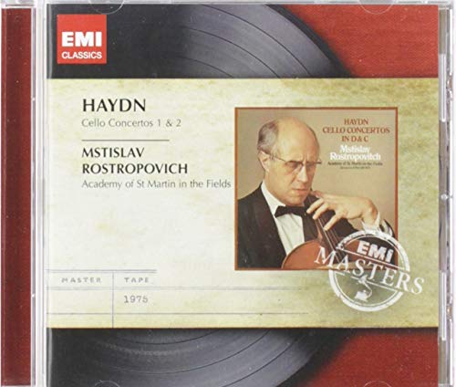 CD cover of "Mstislav Rostropovich - Haydn: Cello Concertos" with musician's portrait and EMI logo.