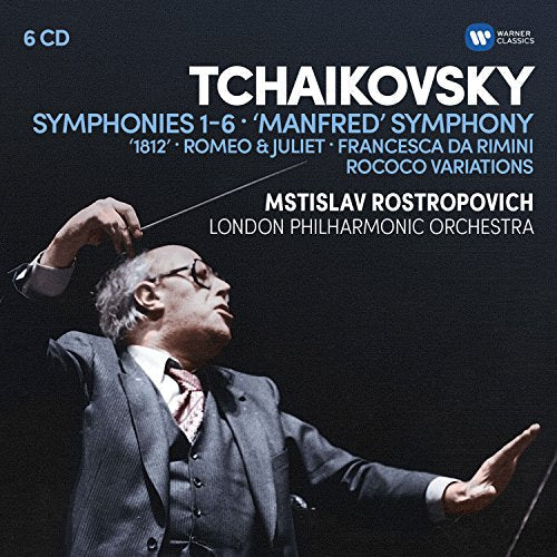 Mstislav Rostropovich conducting, Tchaikovsky symphonies 6-CD box set cover.