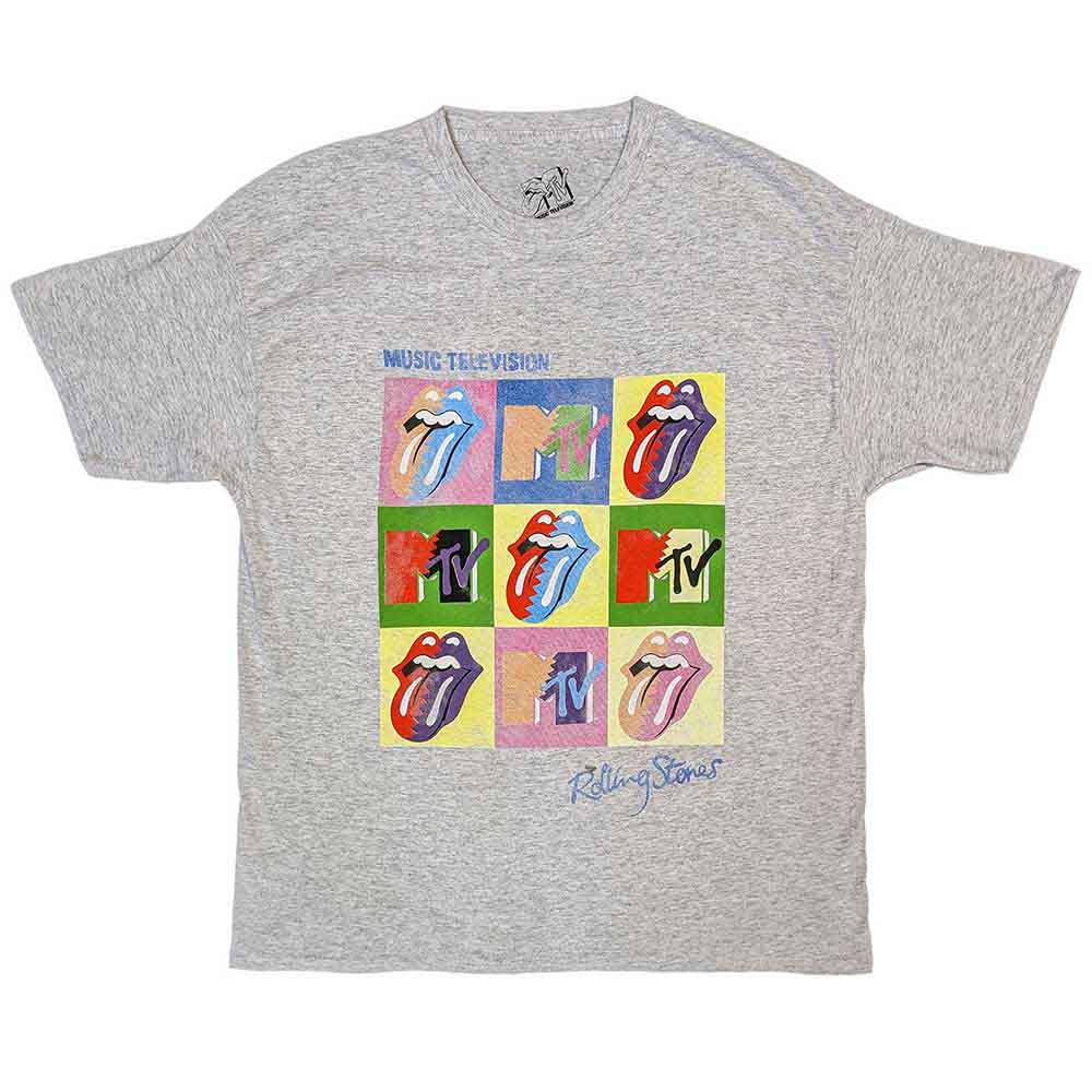 Medium MTV t-shirt with repeating Warhol-style Rolling Stones squares graphic.