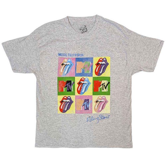 Medium MTV t-shirt with repeating Warhol-style Rolling Stones squares graphic.