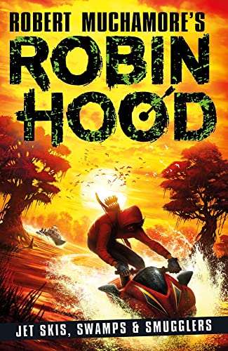 A hooded figure riding a red jet ski through a swamp at sunset.