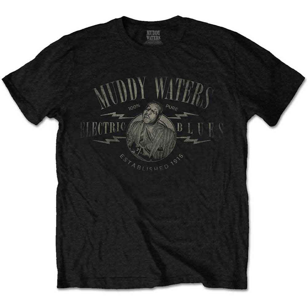 Black t-shirt with vintage-style graphic of Muddy Waters portrait.