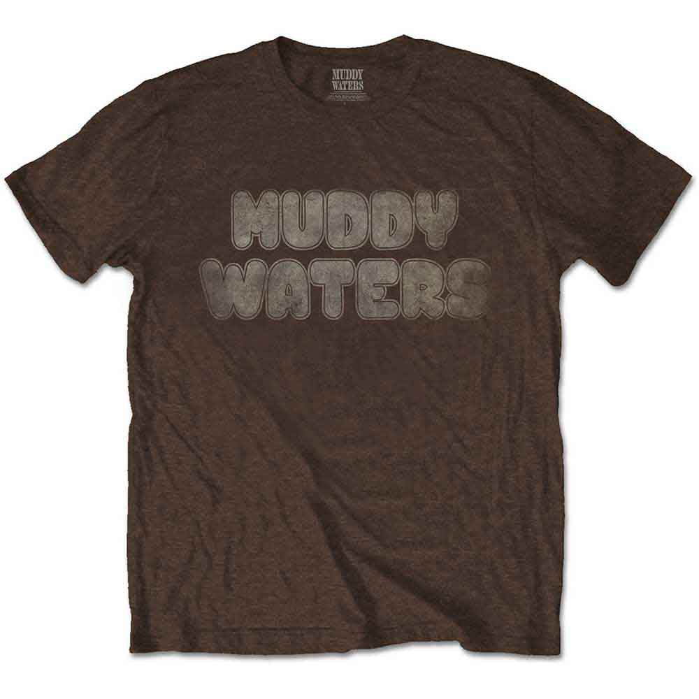 Brown t-shirt with “Muddy Waters” text in beige, short sleeves.