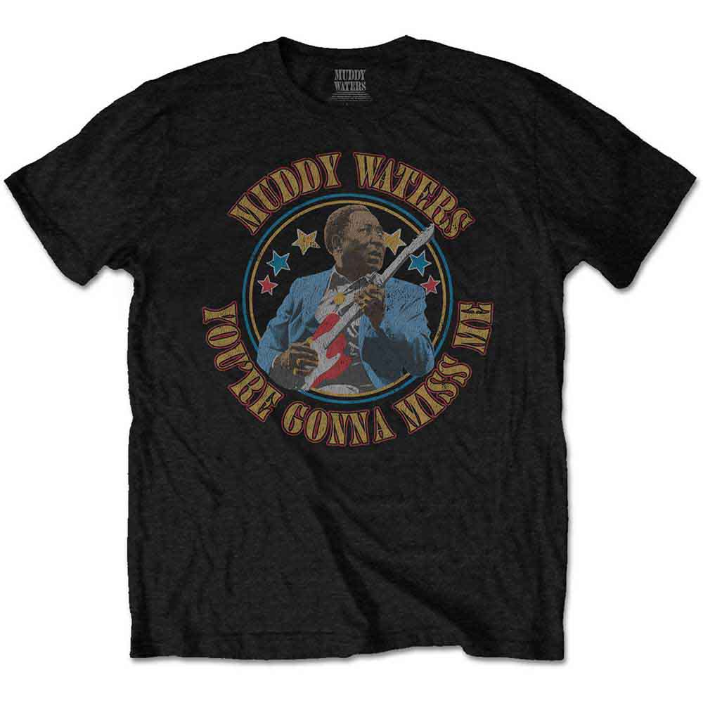 Black t-shirt with a portrait of blues musician Muddy Waters playing guitar.