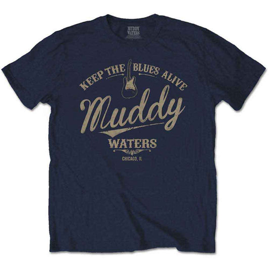 Navy blue t-shirt with "Muddy Waters" and guitar graphic.