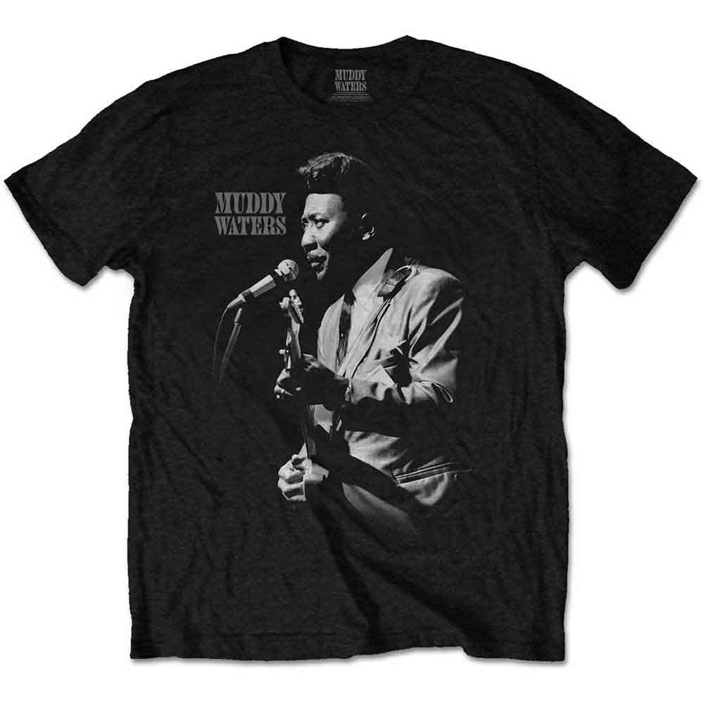 Black t-shirt with a grayscale portrait of Muddy Waters performing.
