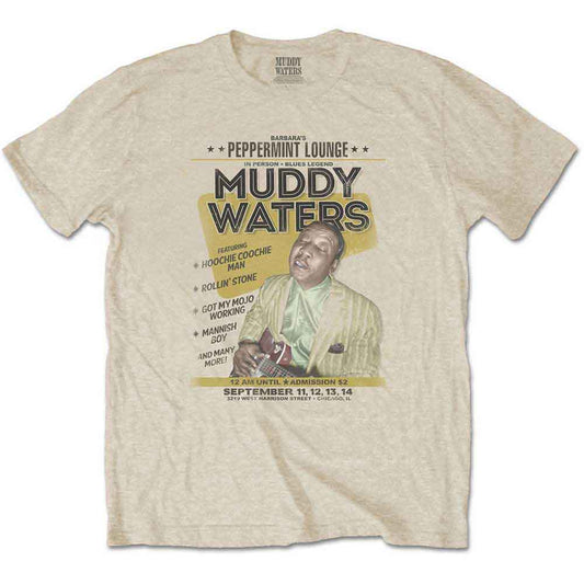 Beige t-shirt with a portrait of Muddy Waters and concert details.