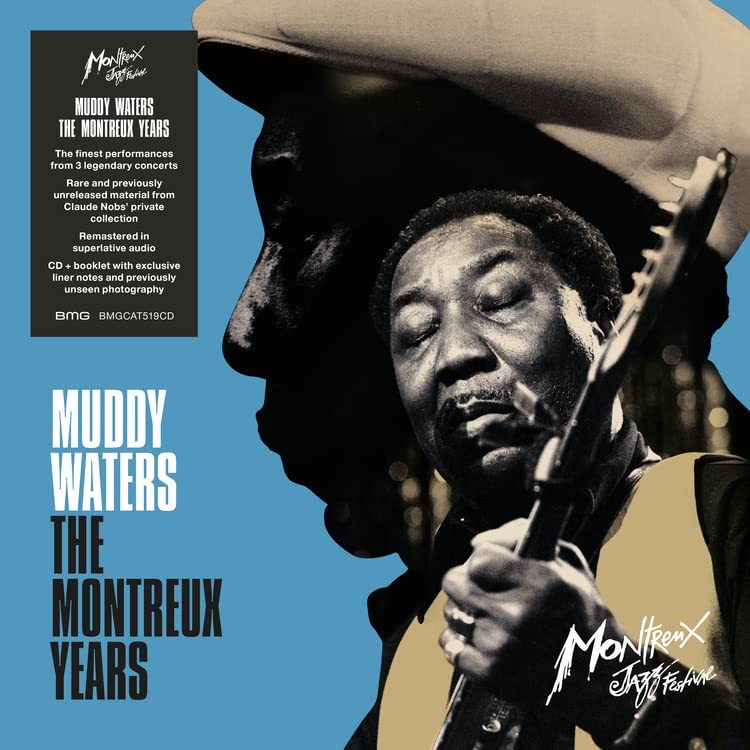 Muddy Waters playing guitar, album cover for "The Montreux Years" CD.