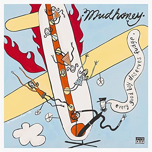 Mudhoney album cover: a white hot dog with cartoon figures and flames.