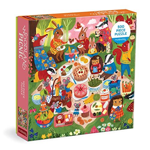 Woodland animals having a picnic, depicted on a 500-piece jigsaw puzzle box.