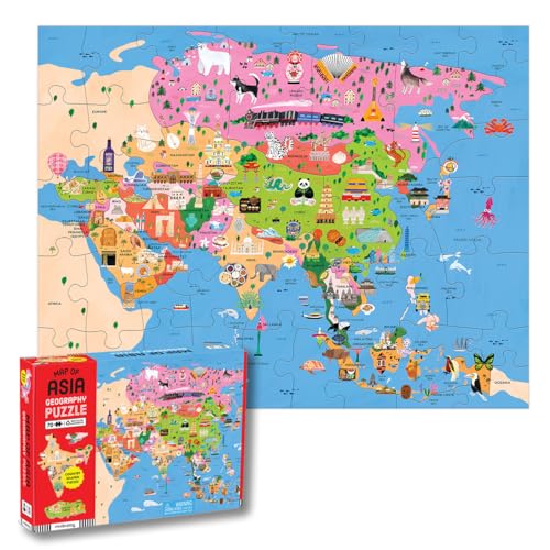 Colorful Asia map jigsaw puzzle with illustrated animals and landmarks.
