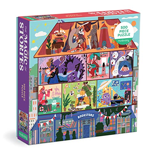 Colorful jigsaw puzzle box depicts a whimsical, illustrated dollhouse scene.
