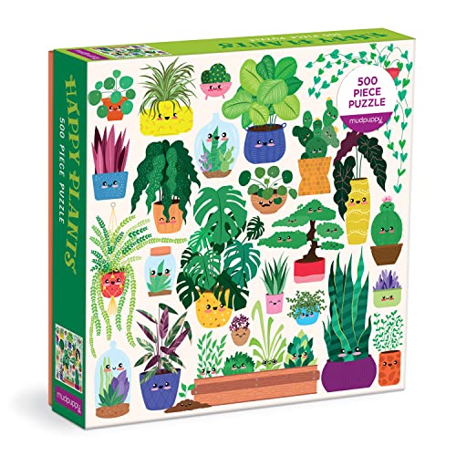 500-piece jigsaw puzzle box depicting colorful, smiling potted plants and greenery.