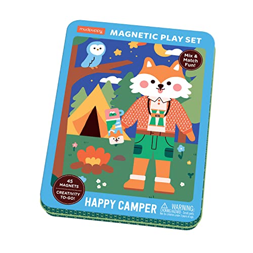MudPuppy magnetic play set tin featuring a cartoon fox in a camping scene.