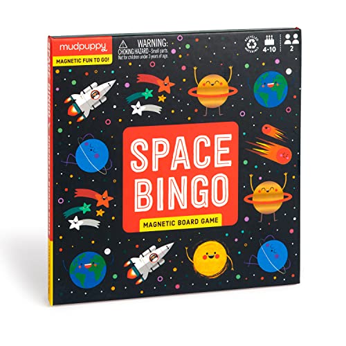 MudPuppy Space Bingo magnetic board game box featuring cartoon planets and rockets on black.