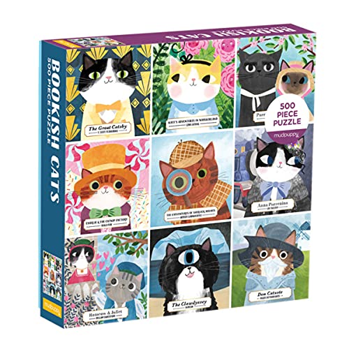 A 500-piece jigsaw puzzle box featuring illustrations of cats dressed as famous literary characters.