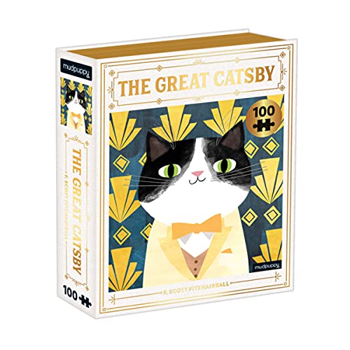 Book-shaped puzzle featuring a cat in a bow tie, inspired by *The Great Gatsby*.