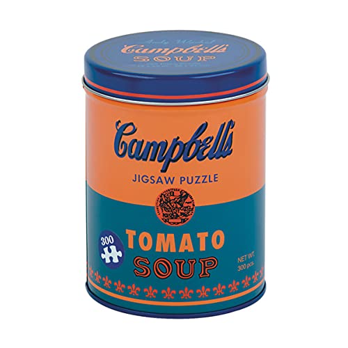 Orange Campbell’s soup can with jigsaw puzzle pieces and “300” label.