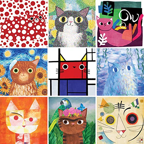 Nine colorful, stylized cat portraits arranged in a grid.