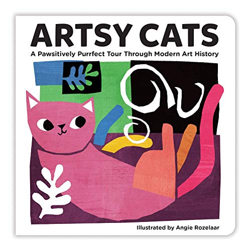 Cover of Artsy Cats board book featuring a pink cat in a Matisse-style collage.